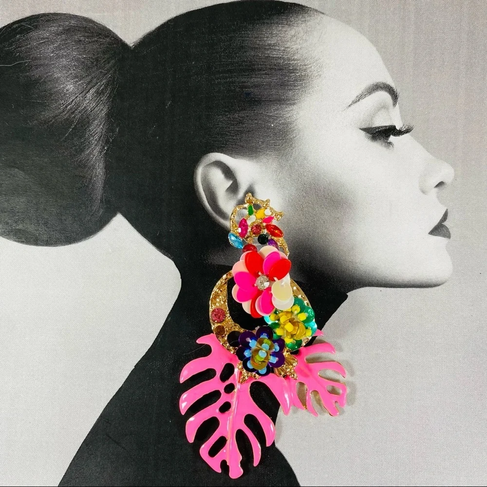 Baby Pink Tropical temptation earrings enamel Monstera leaves and fl…
